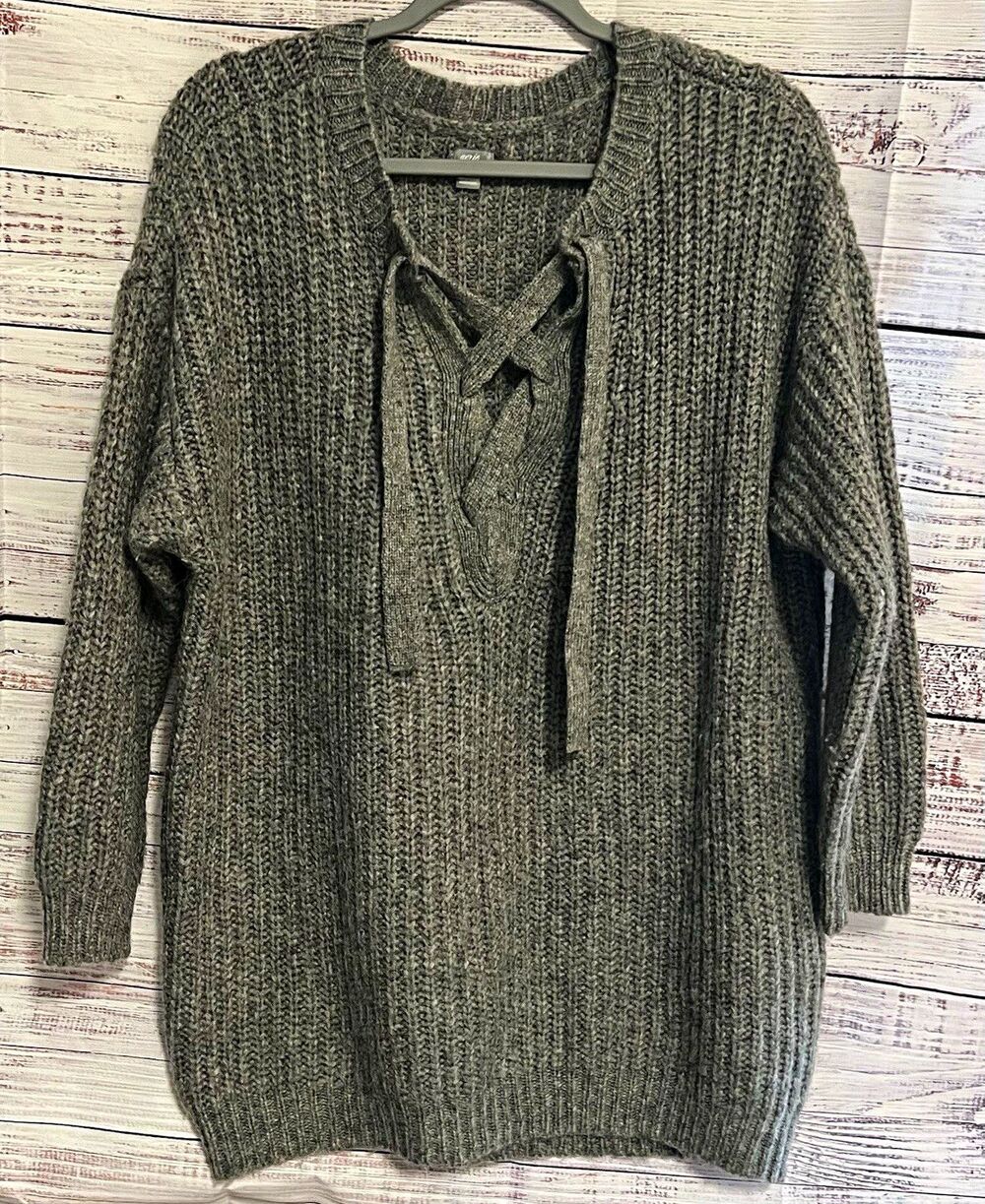 Aerie Lace-Up Chunky Ribbed Knit Tunic Sweater Gray Wool Alpaca Blend Women's XL